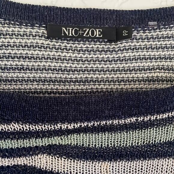 NIC+ZOE Blue White Stripe Linen Sweater Top Artsy Sheer Coastal Nautical Preppy - Picture 3 of 5